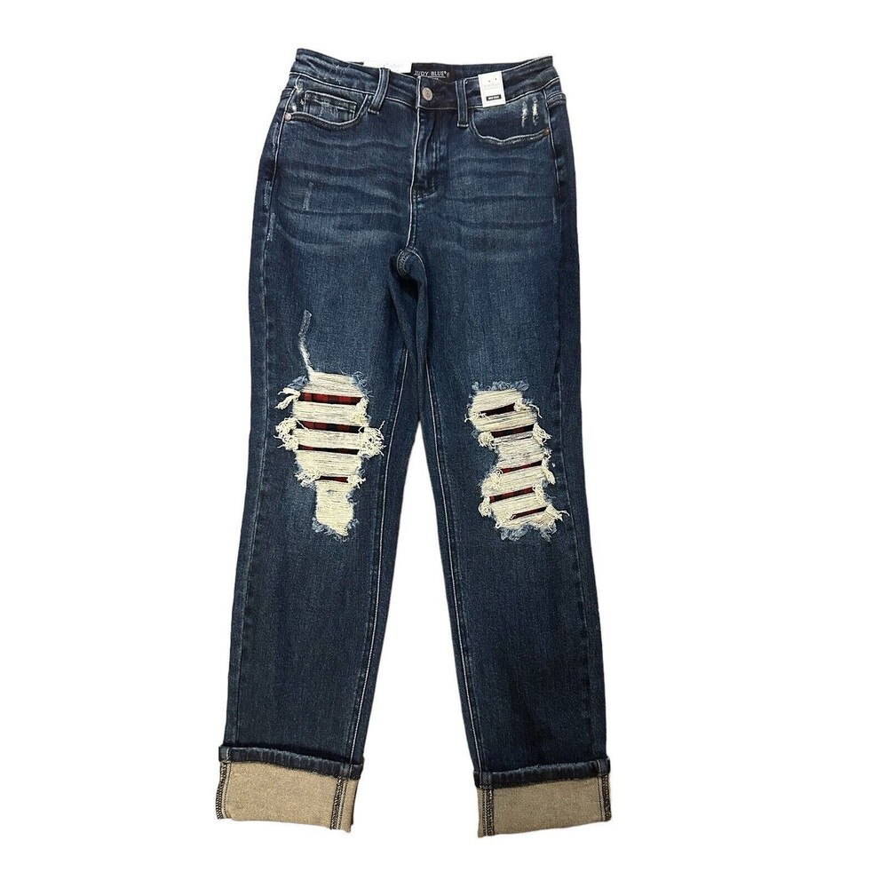 Judy Blue Jeans Demin Boyfriend Buffalo Plaid Patch Mid Womens Sz 3 / 26 - Picture 4 of 11